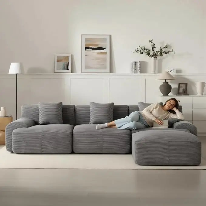 Modular Sectional Sofa | 107in Length | Corduroy Upholstery | With Ottoman