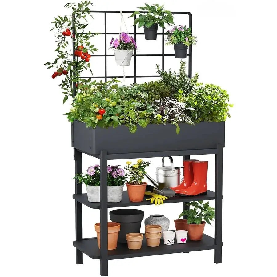 Raised Garden Bed with Trellis, Elevated Planter Box with Legs for Outdoor Patio, Iron Standing Garden Box for Vegetables, Herbs from PriceLows™