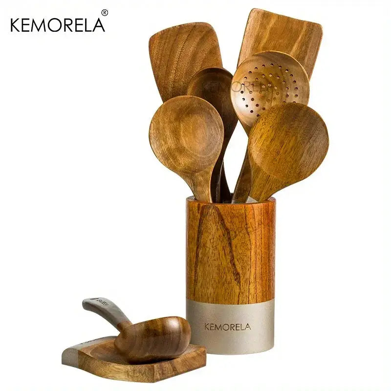 KEMORELA 9PCS Acacia Wooden Cooking Utensils Wooden Spoons for Kitchen with Utensils Holder and Rest Spatula Slotted Spoon from PriceLows™