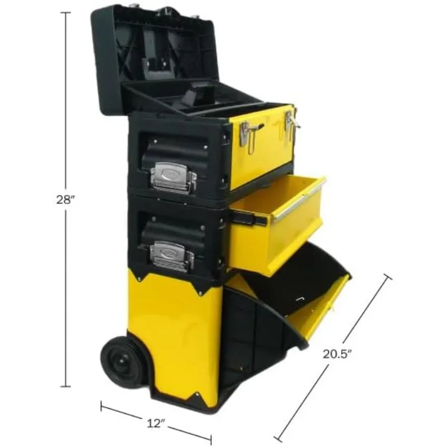 Portable Tool Box on Wheels - Stackable 3-in-1 Chest for Workshops and Craft Rooms - Foldable Comfort Handle and Latches in Bla from PriceLows™
