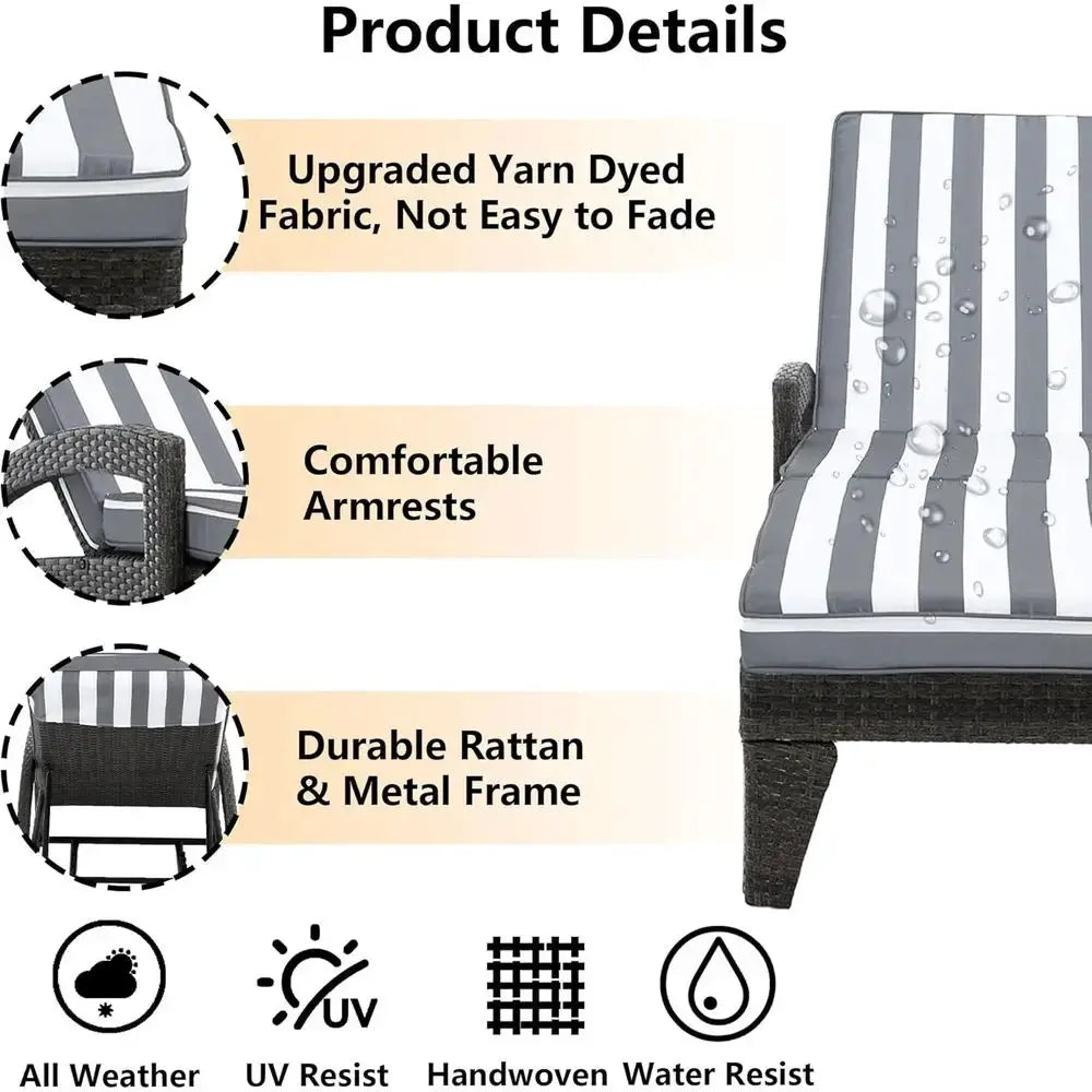 2-Piece Upholstered Adjustable Outdoor Chaise Lounge Set, 80 Long Wicker Pool Lounge Chairs with Wheels, Stripe Pattern from PriceLows™