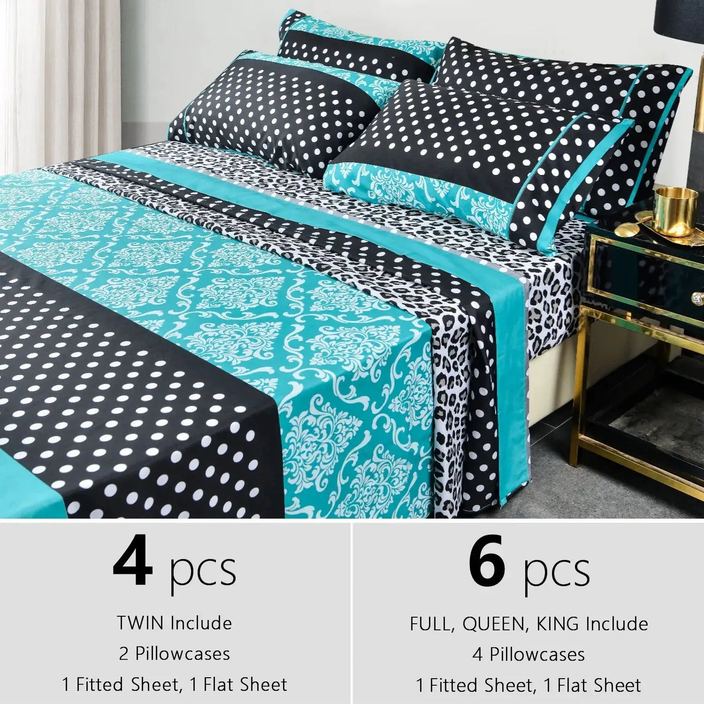 us4/6pcs Printed Microfiber Bed Sheet Set – Easy Care, Lightweight, Breathable, and Soft - 14 inches Deep Pocket - Patchwork Patterned - Twin, Full, Queen and Kingd from PriceLows™
