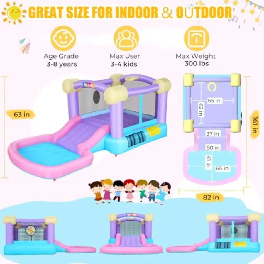 Inflatable Pink Bounce House for 2-8 with Ball Pit, 161x82x63 All-in-ONE Jump and Slide Water Park w/50 Ocean Balls, 6 Dart Tar from PriceLows™