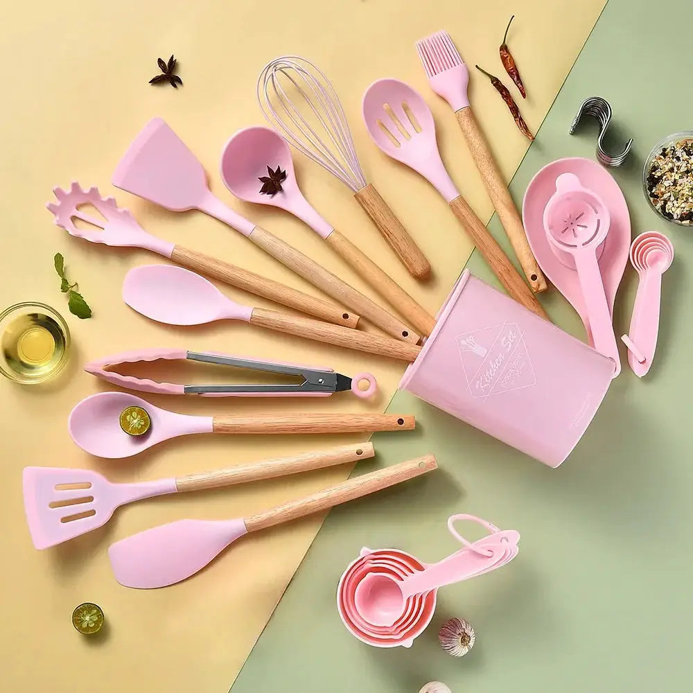 Silicone Kitchen Utensil Set | 34 Piece Collection | Wooden Handles | Black
