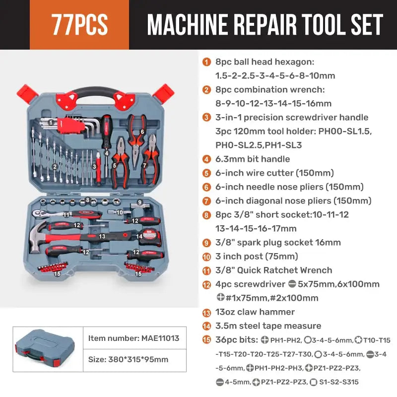 Mechanic Tool Set, 1/4", 3/8" & 1/2" Drive Metric/SAE CR-V Socket Wrench & Quick-Release Ratchet Kit for Auto & Home Repair from PriceLows™