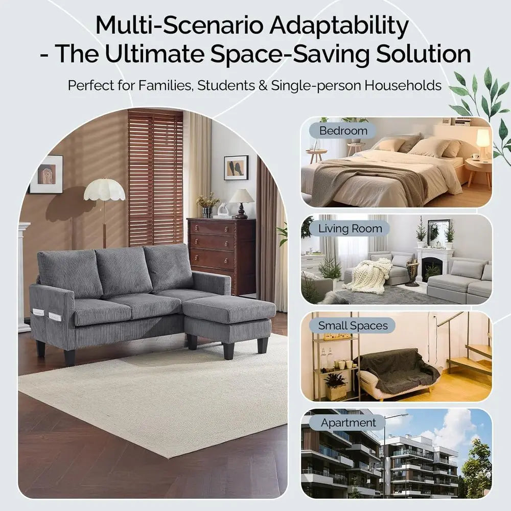 L-Shaped Sectional Sofa | Reversible Chaise | Storage Ottoman | 68.5 Inch Length