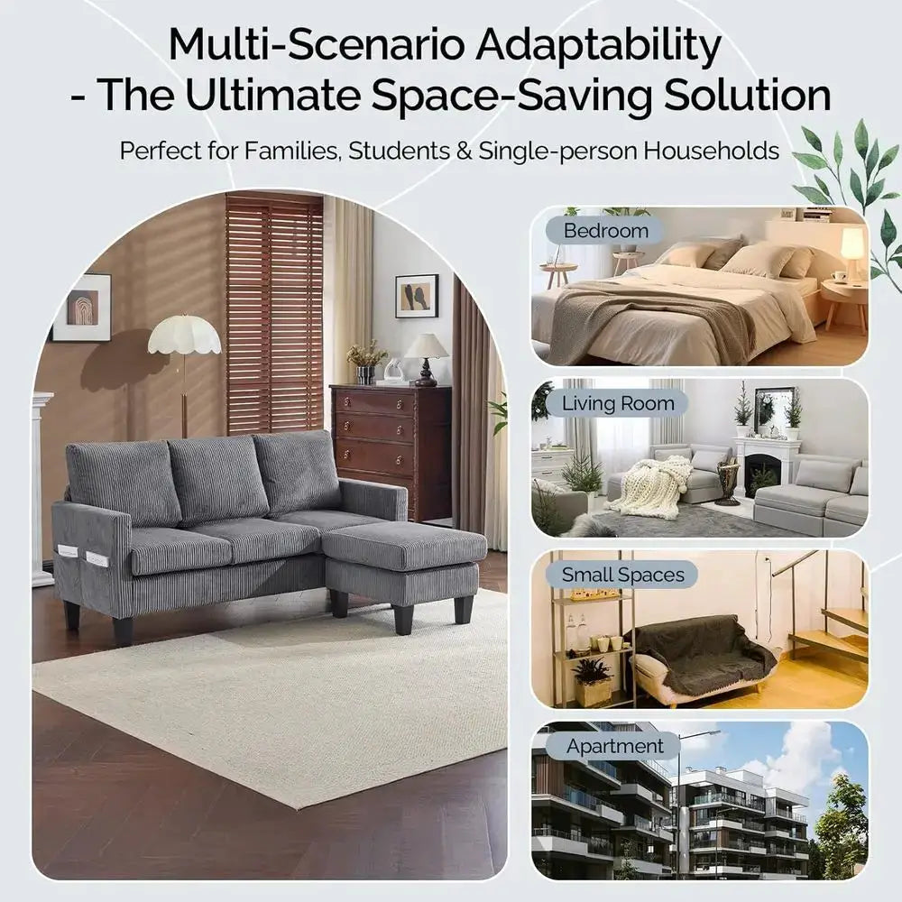 Grey 68.5 L-Shaped Sectional Sofa with Reversible Chaise and Storage Ottoman for Small Spaces from PriceLows™