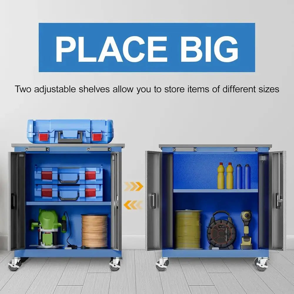 Rolling Tool Chest with 4 Pad Feet, Double-Door Storage Cabinet with Adjustable Shelves, Secure Steel Locker for Garage and Offi from PriceLows™