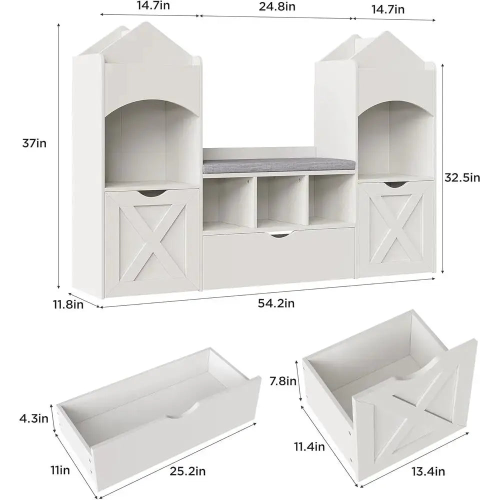 White Kids Castle-Shaped Bookshelf with Reading Nook, Storage, Seat Cushion, LED Lights, and 3 Movable Desks for Playroom or Bed from PriceLows™