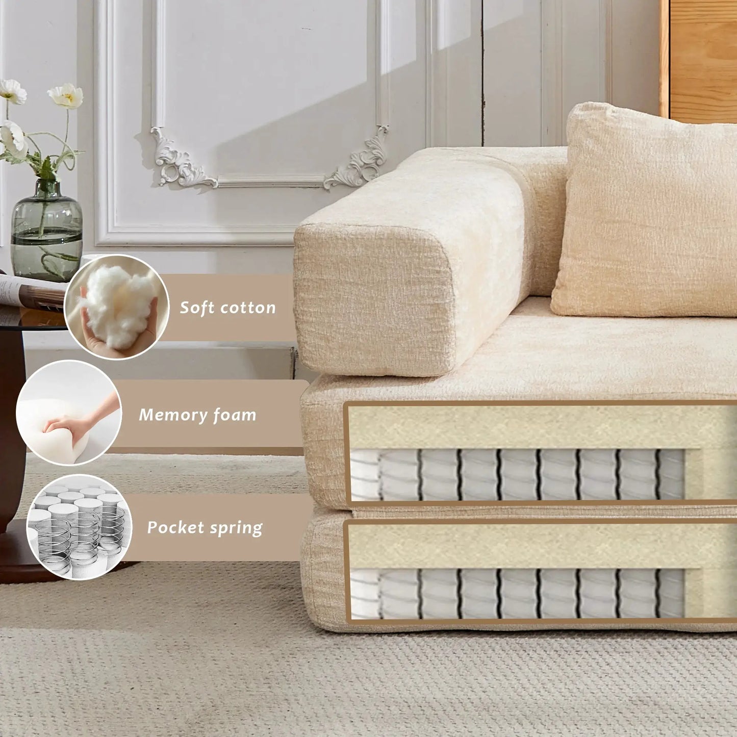 Compression Sofa,Convertible Floor Sofa Bed with Fixed-Shape Frame, Loveseats Boneless Modular Sectional Sofa,No Assembly Required,Chenille fabric,for Living Room Bedroom,Beige from PriceLows™