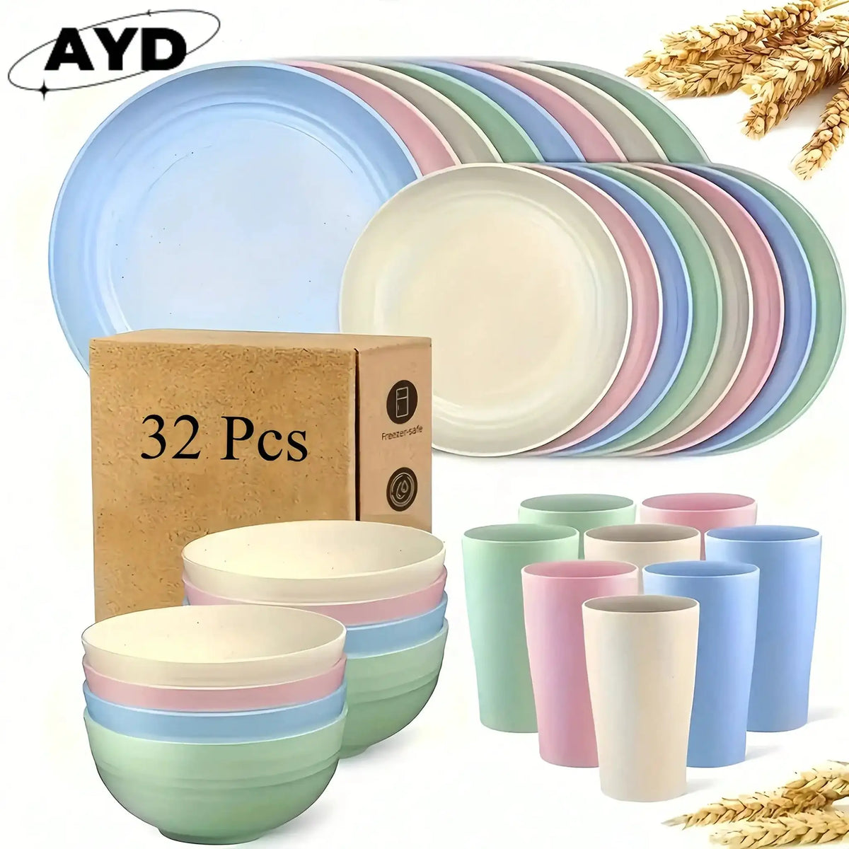 Wheat Straw Dinnerware Set | 32 Piece | Black Color | Serves 8