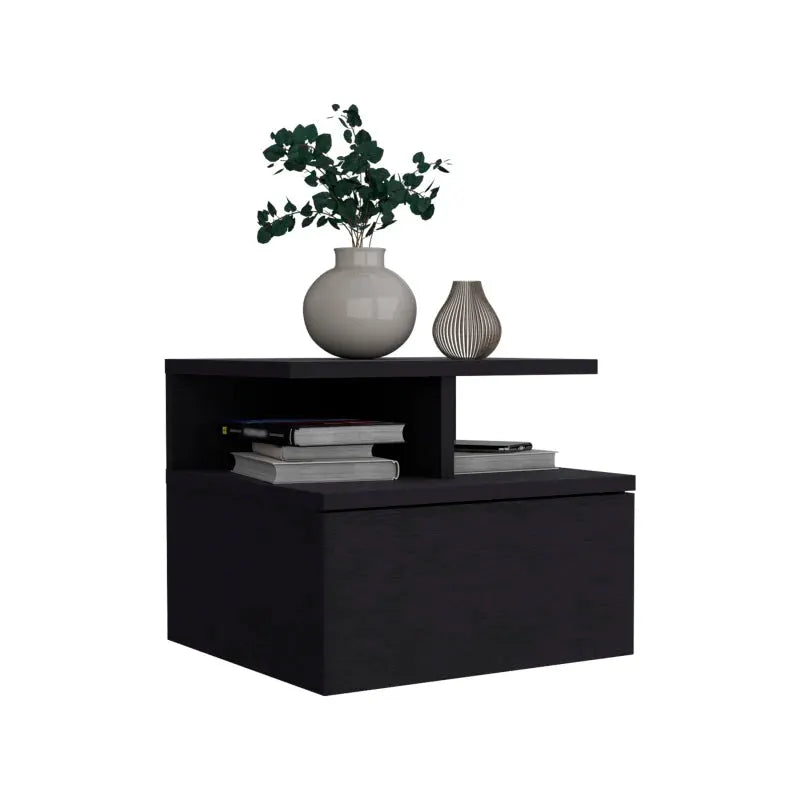 Floating Nightstand 12"H, Wall Mounted with Single Drawer and 2-Tier Shelf, Black from PriceLows™