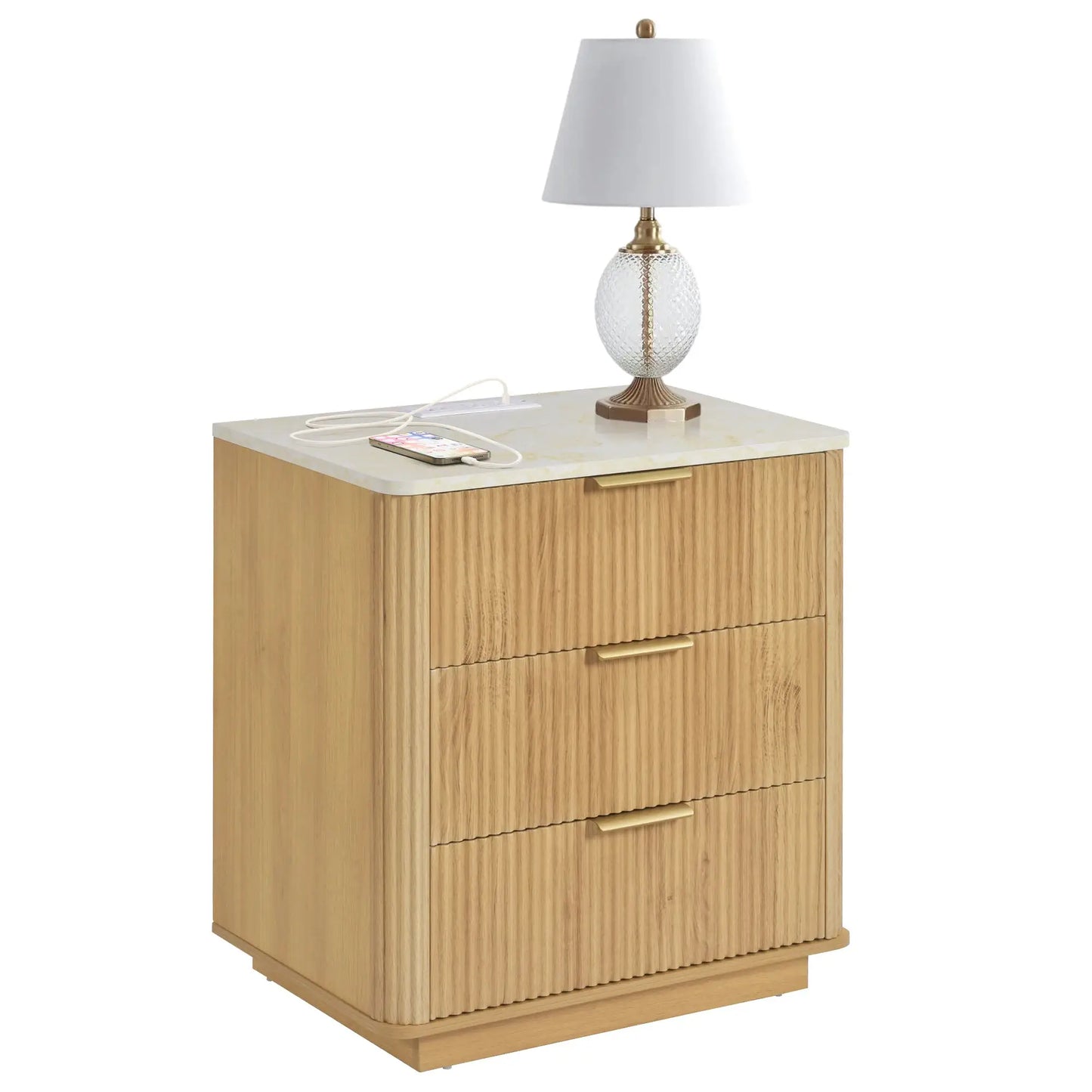 23" Wide Fluted Night Stand with Charging Station,3 Drawers Large End Table with Storage,Black Nightstand Wood Bedside Table, Farmhouse Cabinet Dresser for Bedroom,Closet from PriceLows™