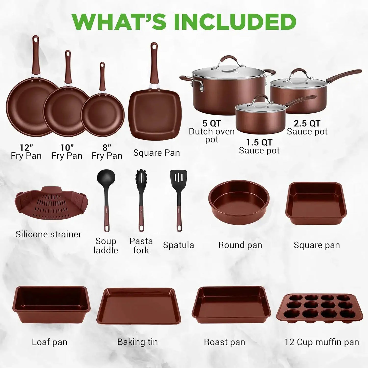 20 Piece Nonstick Cookware Set, Pots and Pans, Cool-Touch Handles, Induction Compatible, Easy Clean, Brown from PriceLows™