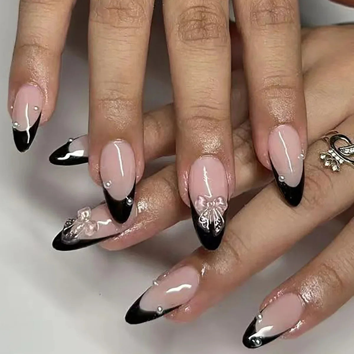 Reusable Press On Nails | Almond Cut | Blush Diamonds Sweetheart Bows | 24 Pcs