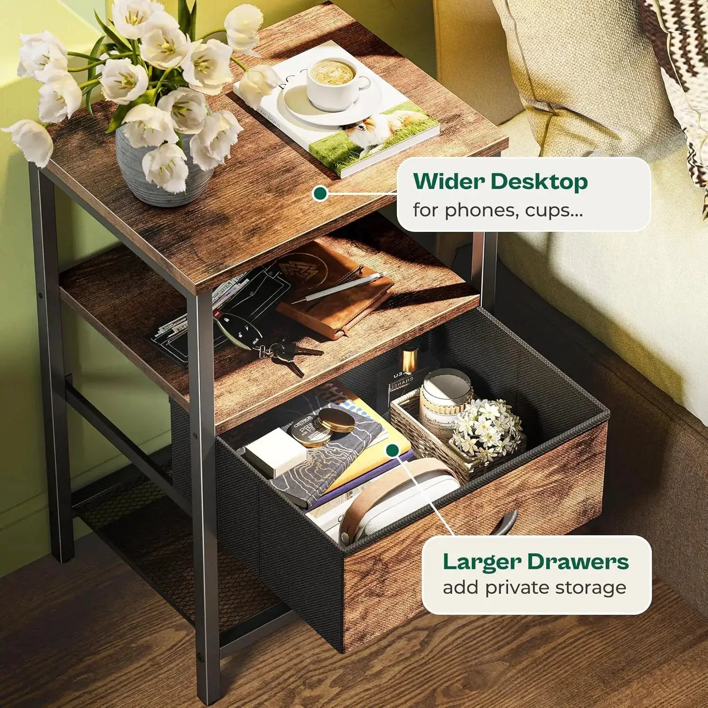 Nightstand Set of 2 with Fabric Drawer and Mesh Shelf, Side Table for Bedroom, Rustic Brown from PriceLows™