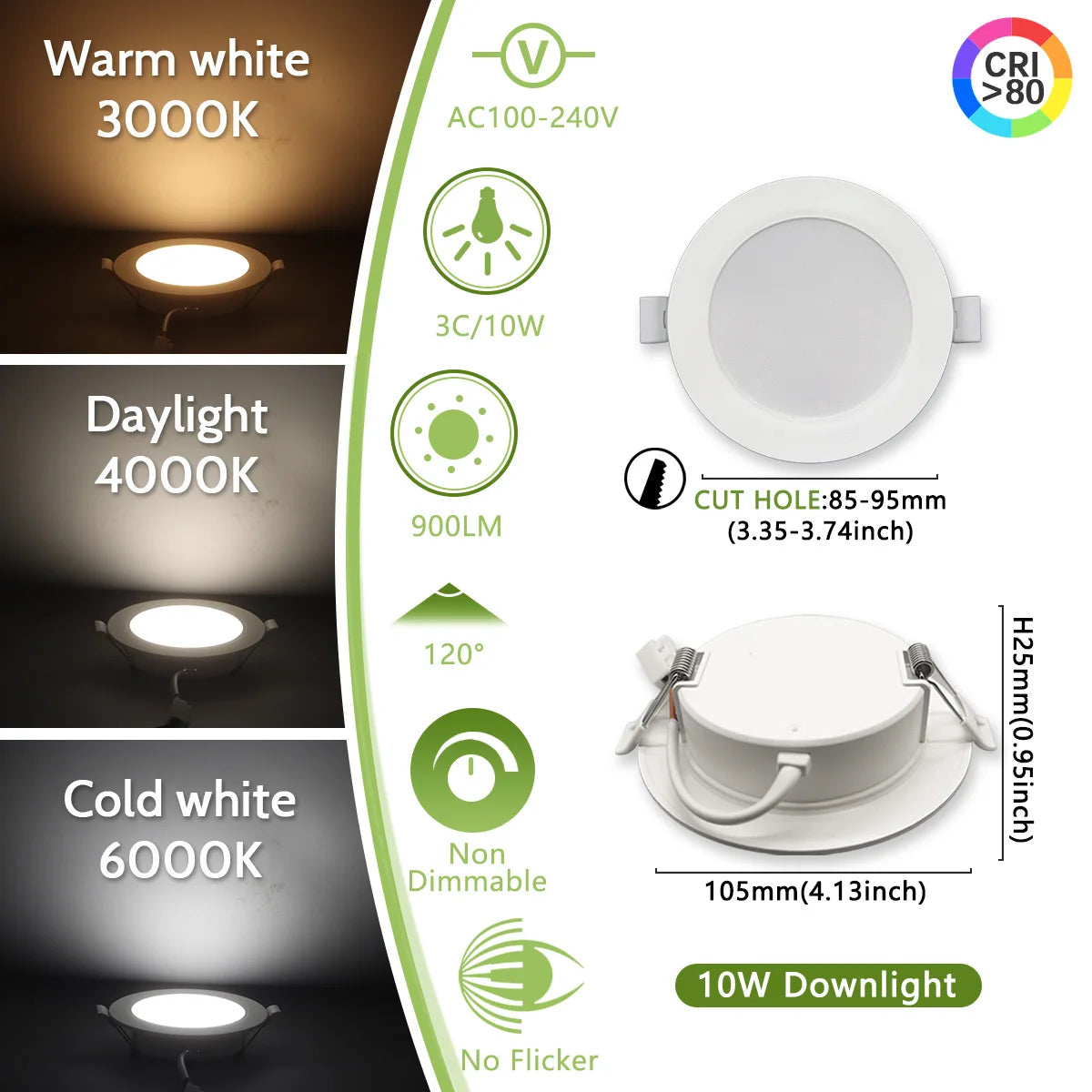 Led Downlight | Three Color Temperature | 6W-24W Power Range | 10-Pack