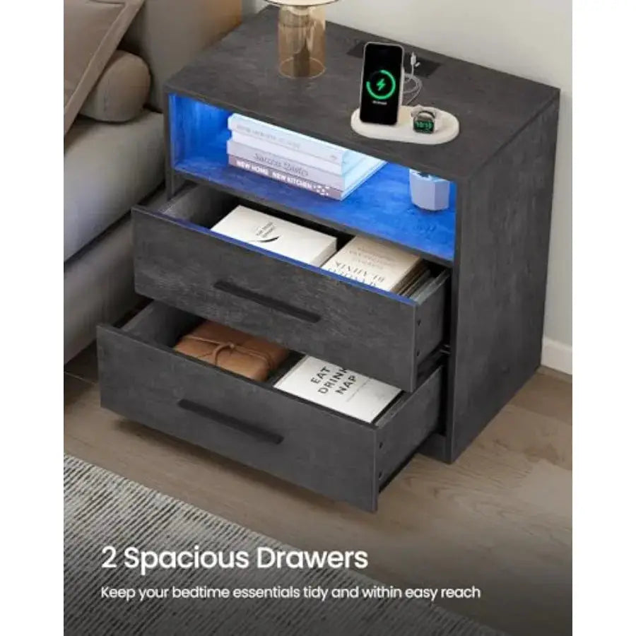 Custos Collection - 23.6 Inch Wide Nightstand with Charging Station, LED Lights, Night Stand, Side End Table with Drawers, Open from PriceLows™