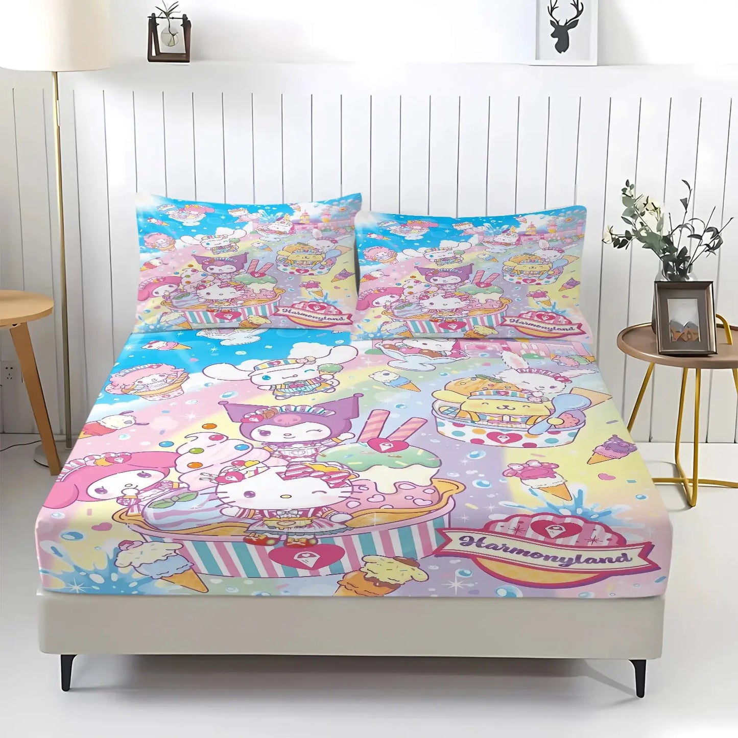 Kawaii Kuromi Cool Blue Fitted Sheet Sanrio Graffiti Print Bed Sheet Set with Pillowcases Anime Edgy Bedding Mattress Cover from PriceLows™