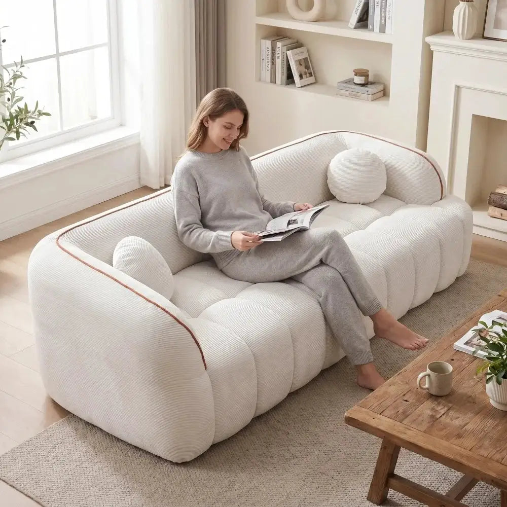 98.4" 3-Seater Corduroy Compressed Cloud Sofa, Bubble Channel Tufted Deep Seat Couch Included 2 Matching Pillows, Modern Vacuum Packed Sofa with Zero Assembly Needed, Soft Fluffy Seating Furniture Perfect for Apartment, Livin from PriceLows™