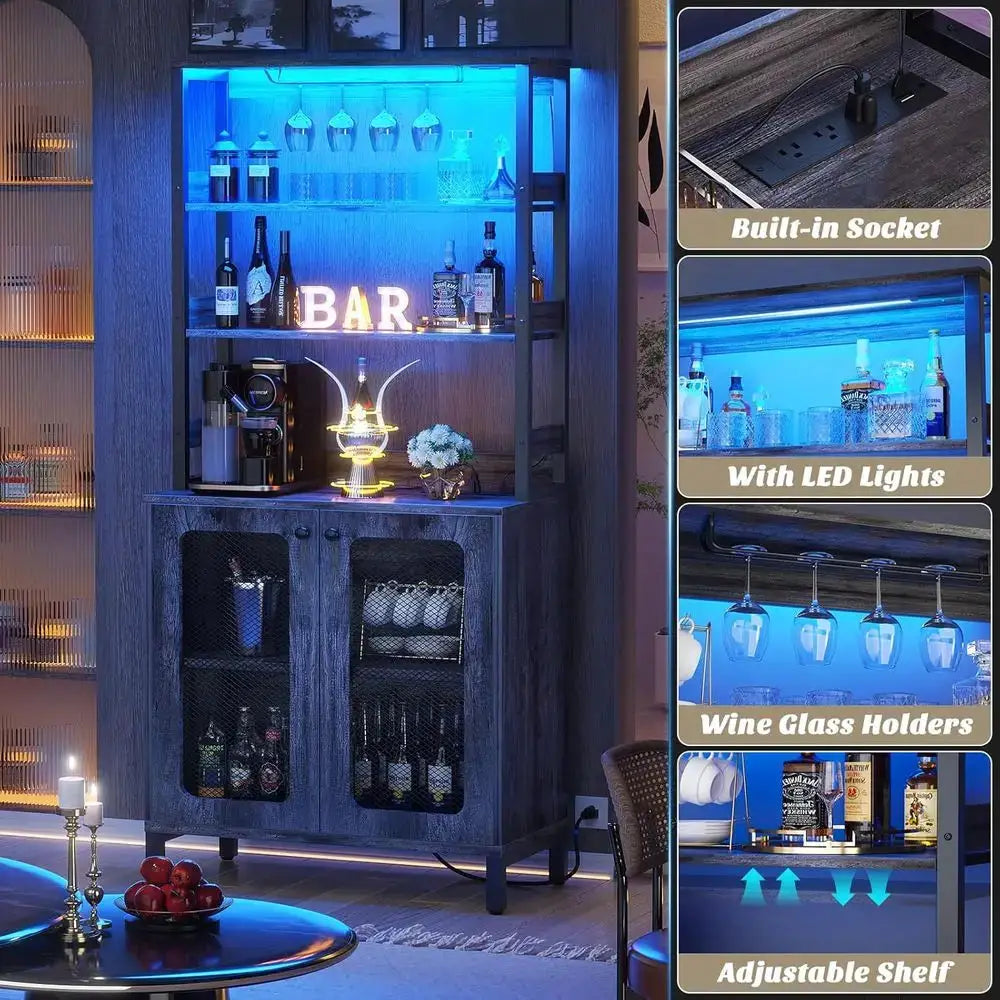 26.9 LED-lit Wine & Liquor Bar Cabinet with Power Outlets and Glass Holders, Black Oak Finish from PriceLows™