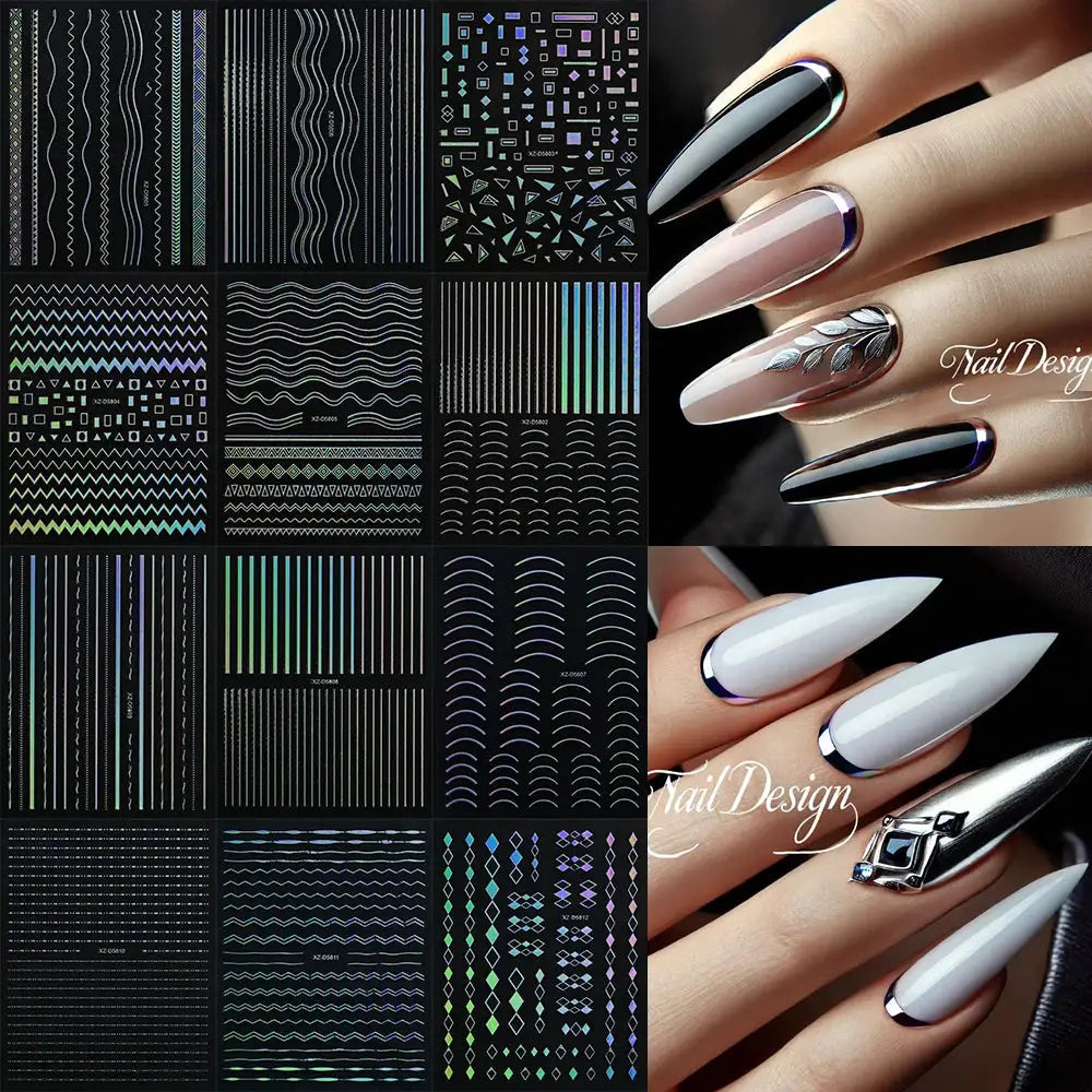 12Sheets Gold Metal Stripe Wave Nail Decals 3D Bronzing French Line/C Curve Stripe Nail Stickers 8*10cm Gold Line Nail Art Suppl from PriceLows™