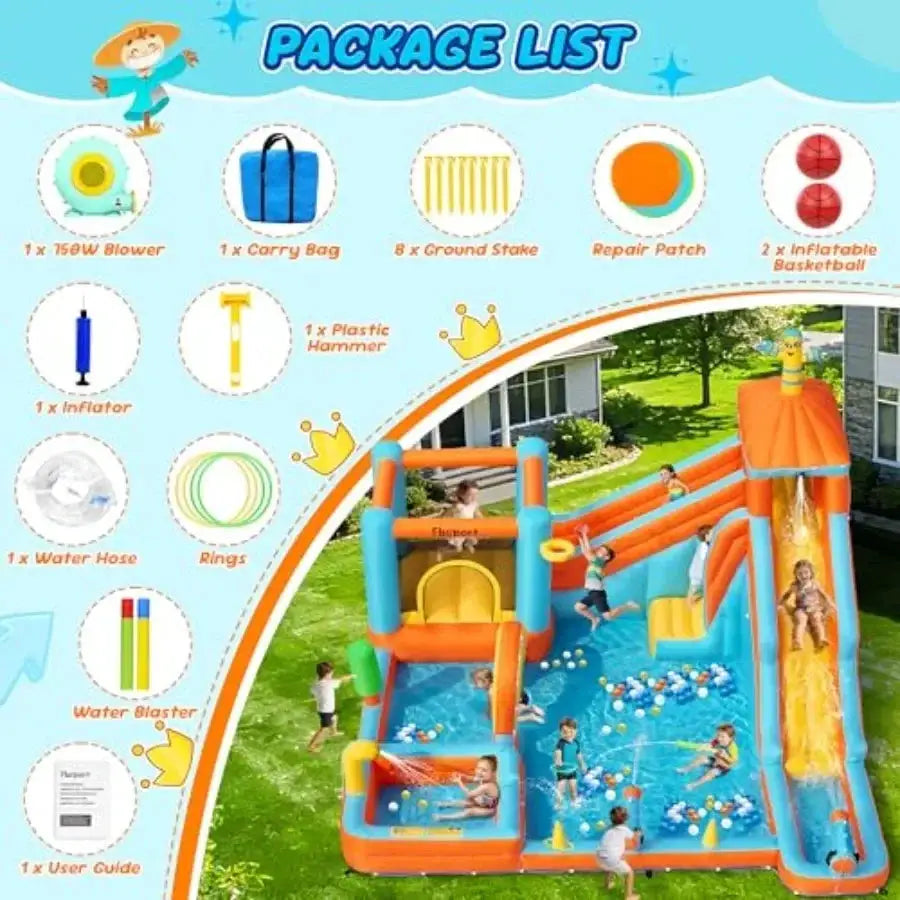 Inflatable Water Slide Bounce House, Double Water Slides Bounce House for 3-12, 11 in 1 Water Park Bouncy Castle for Backyard O from PriceLows™