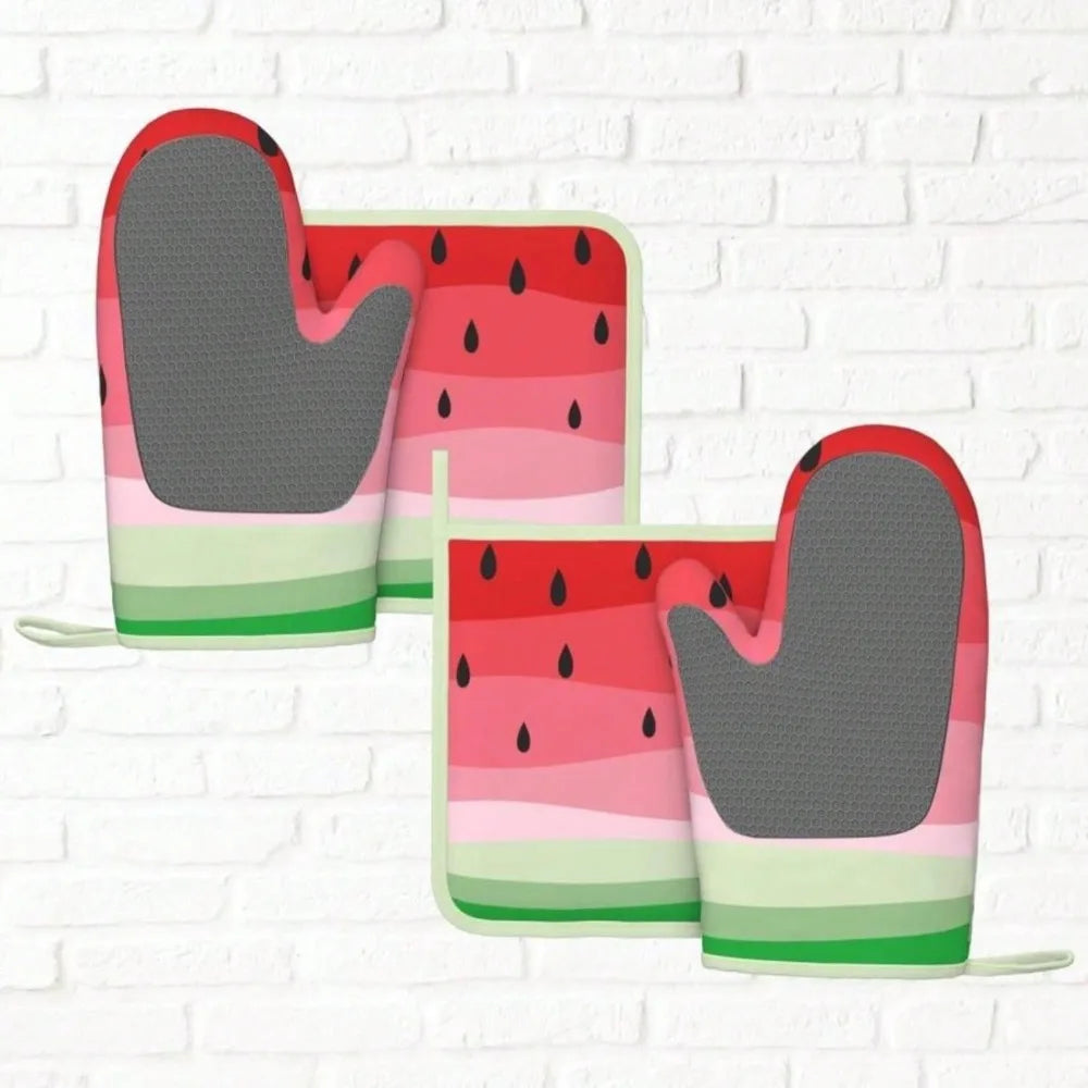 Oven Mitts And Pot Holders Set | Silicone | Watermelon Design | Set Of 4