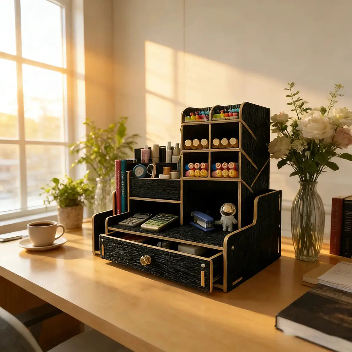 Desk Organizer | Wood Grain Finish | With Drawer | Multi Grid Caddy