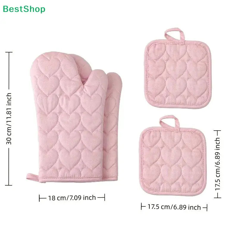 Kitchen Set | Pink Heart Quilted | Heat Resistant Cotton | 2 Mitts and 2 Holders