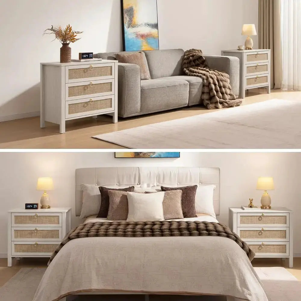 Pair of Large Boho-Style Rattan Nightstands for Bedroom from PriceLows™