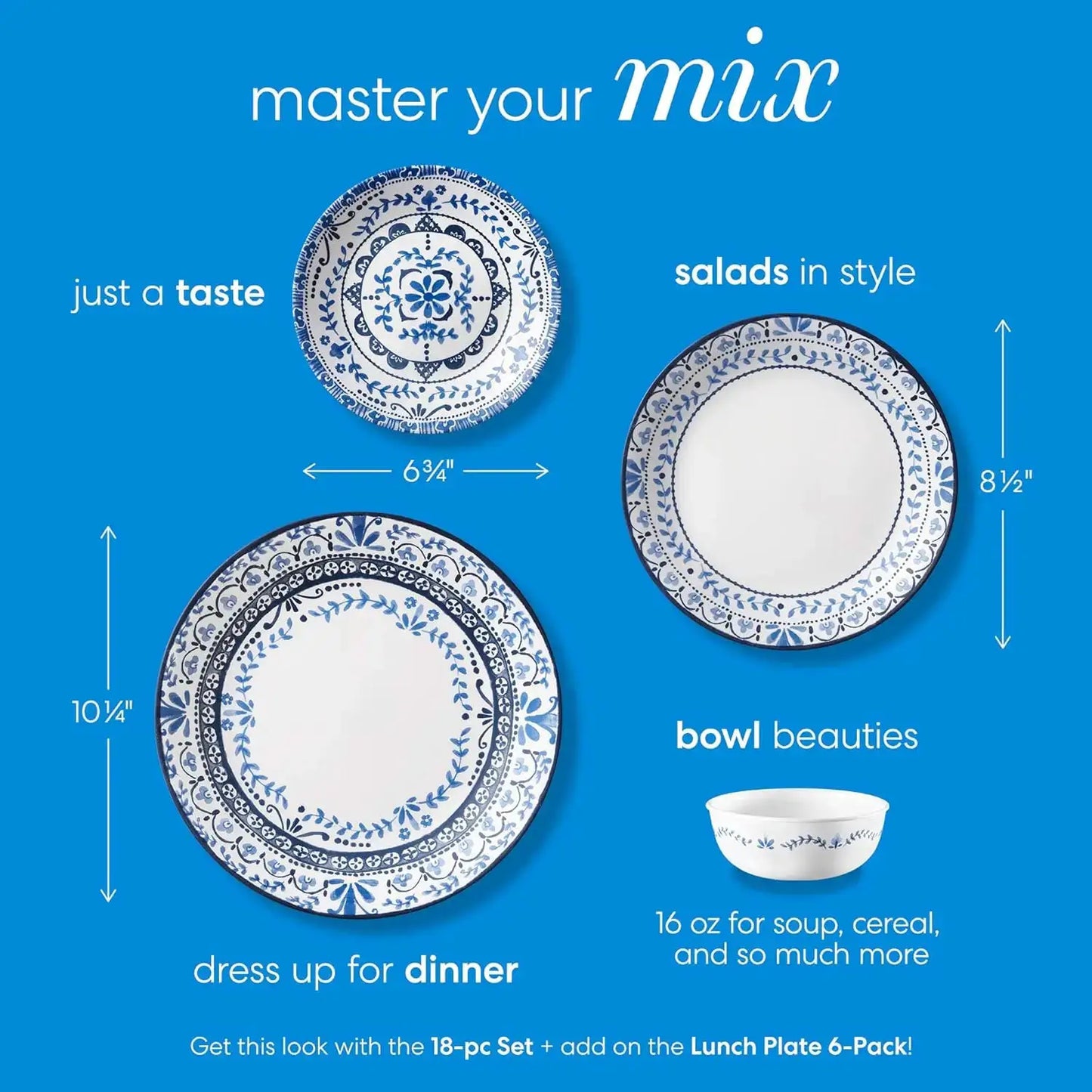18-Piece Dinnerware Set for 6, Triple Layer Glass, Chip Resistant, Lightweight Round Plates and Bowls, Portofino from PriceLows™