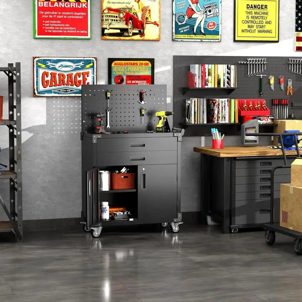 Heavy-Duty Metal Tool Cart with Wheels, 2 Drawers, Lockable Cabinet, and Pegboard Hooks for Garage/Workshop Storage from PriceLows™