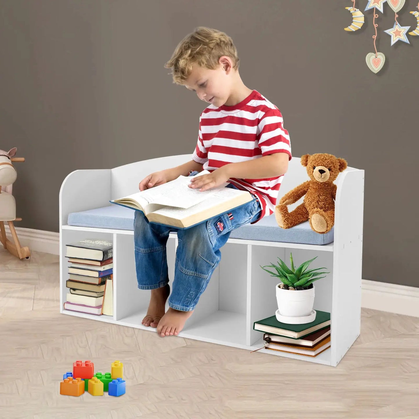 Kids Bookshelf with Reading Nook - Soft Cushioned Corner Bench, 5-Tier Book Display & Storage Organizer, Space-Saving Bookcase from PriceLows™