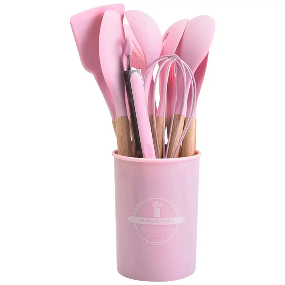 12PCS Silicone Kitchenware Non-Stick Cookware Kitchen Utensils Set Spatula Shovel Spoon Brush Whisk Wooden Handle Cooking Tool from PriceLows™