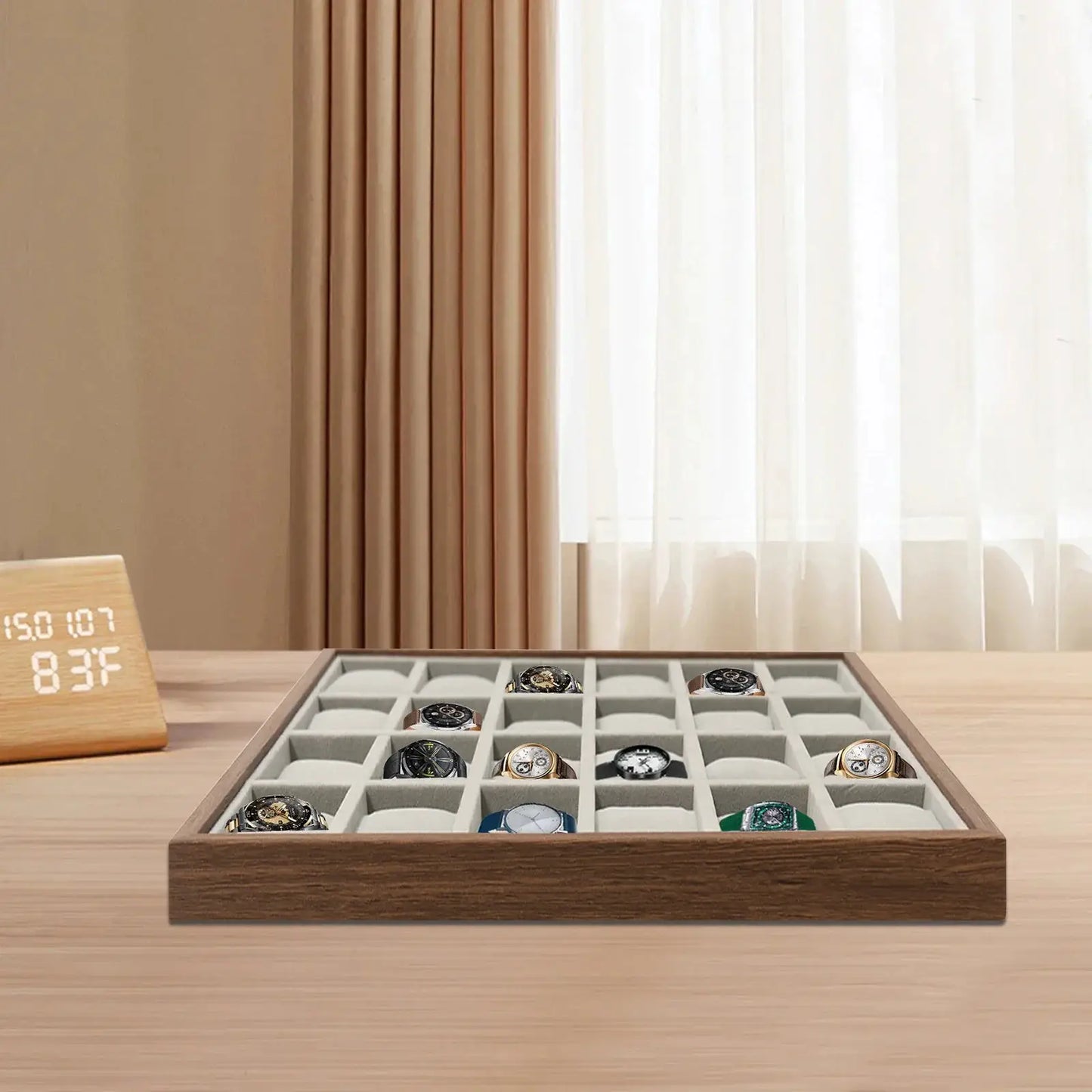 Elegant 24 Slot Watch Box with Removable Pillows, Wood Veneer Jewelry Organizer Display Case for Bracelets, Earrings, Necklaces from PriceLows™
