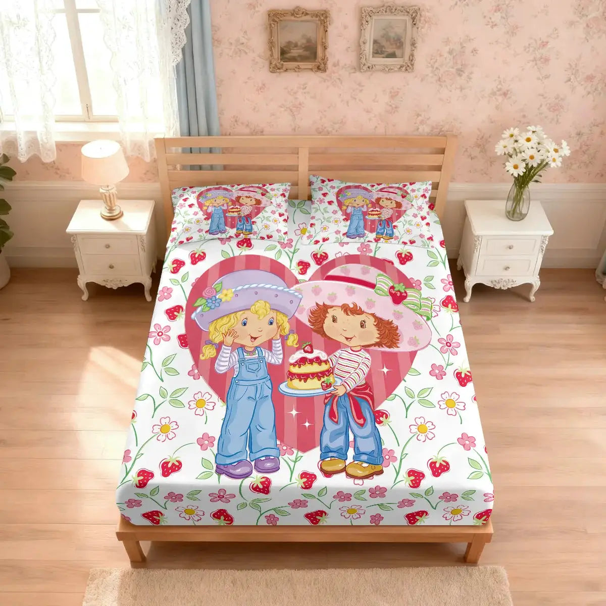 3pcs Pink Strawberry Girl Printed Chipless Bed Sheet Set Multi Size Soft Bed Cover Bedroom Bedding Decoration from PriceLows™