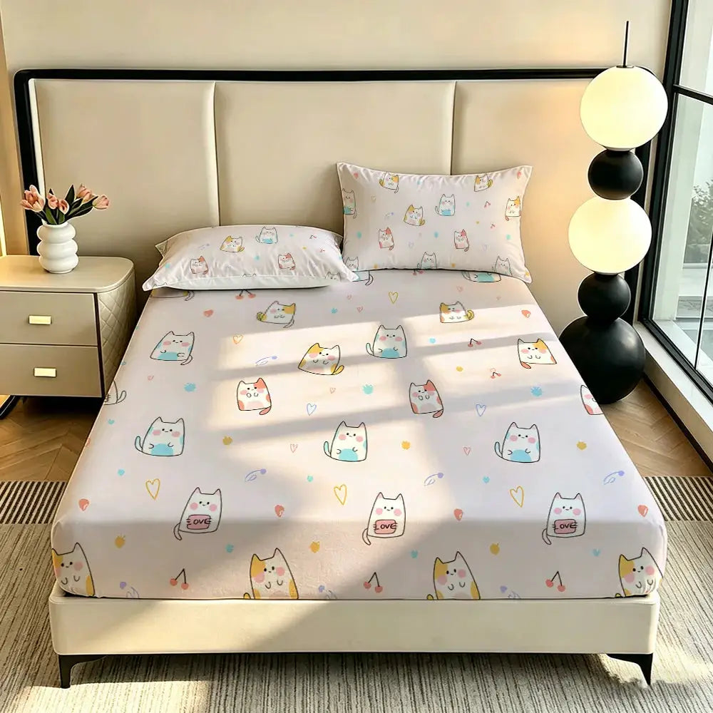 3pcs Cartoon Bear Kitten Printed Chipless Bed Sheet Set Multiple Sizes Soft Bed Cover Bedroom Bedding Decoration, Gift Bedding from PriceLows™