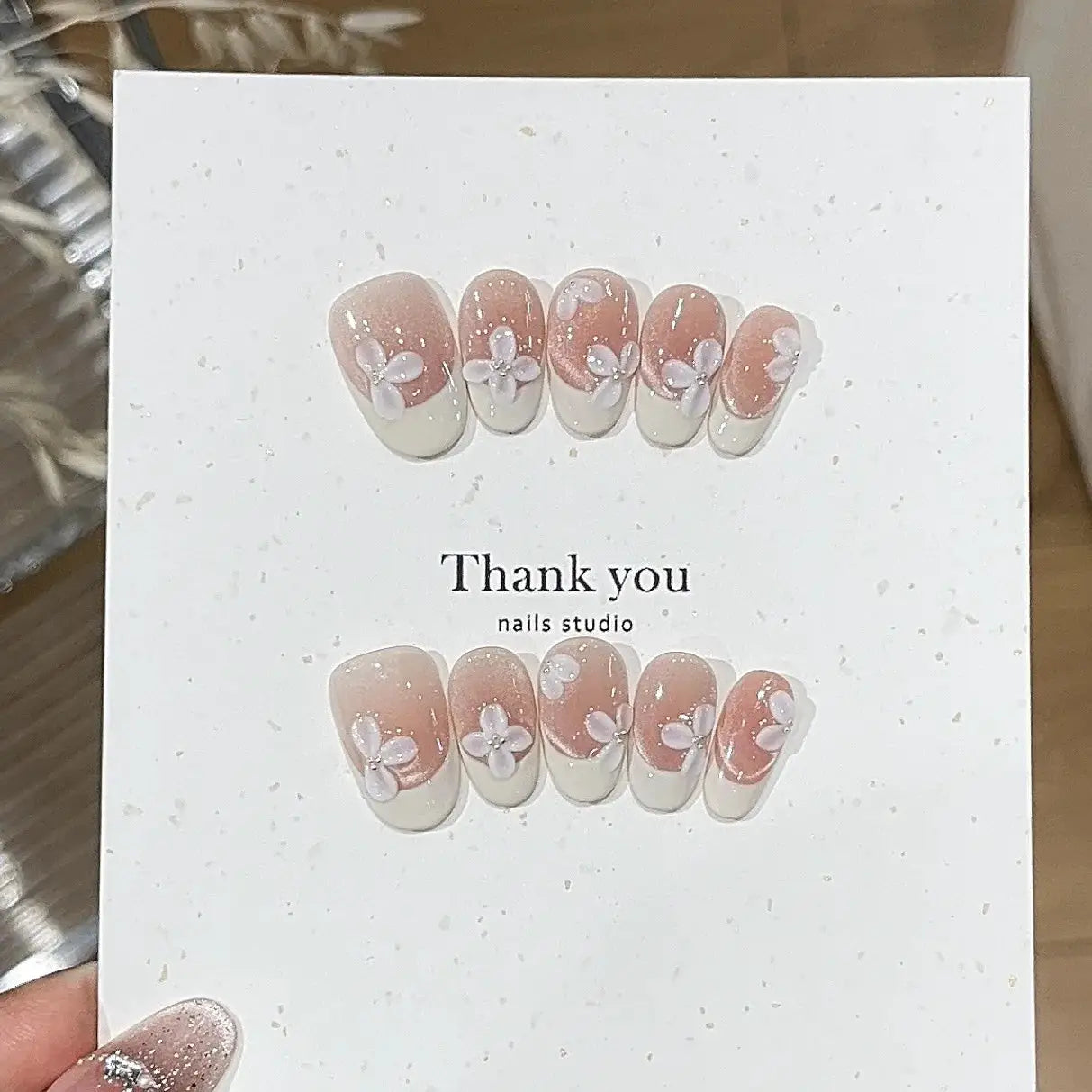 Press On Nails | 3D Flower Almond | Handmade Ballet Grey | 10 Piece Set