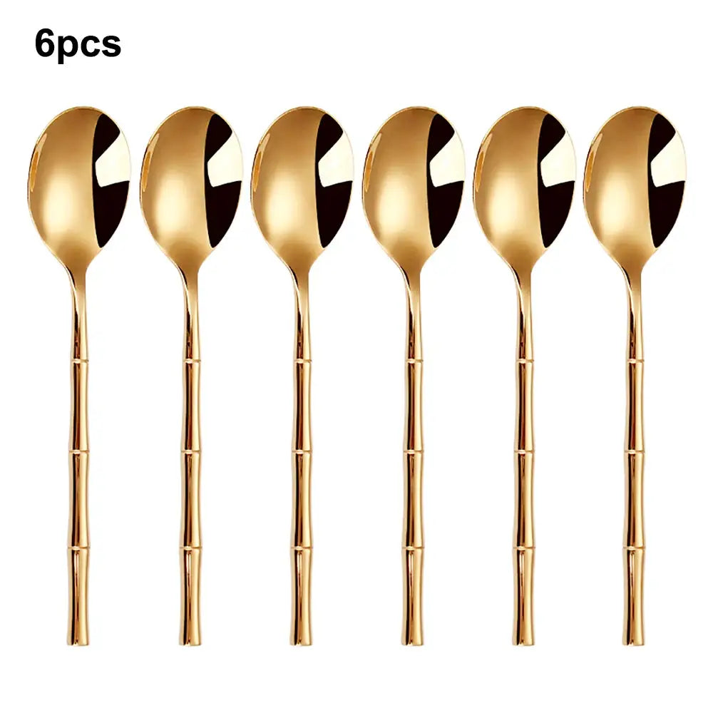 6/24/30Pcs Stainless Steel 304 Tableware Gold Cutlery Set Western Bamboo Shaped Handle Knife Fork Spoon Mirror Dinner Set from PriceLows™