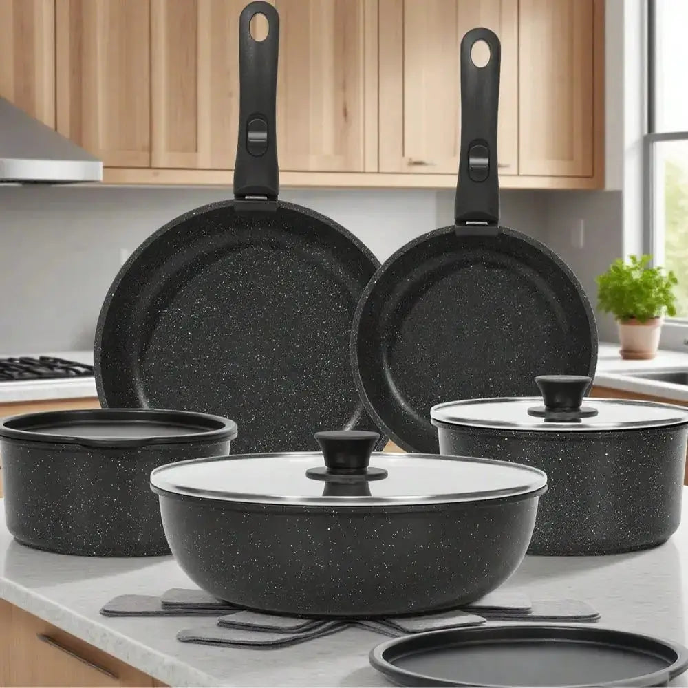 15pcs Nonstick Cookware Set - Induction Compatible Granite Coated Pots & Pans Kit With Frying Pans, Saucepans,Durable Aluminum Kitchen Set,Frying Pan, Stew Pot, Frying Pan, Non-Stick Pan, Soup Pot, Practical Kitchen Tools from PriceLows™