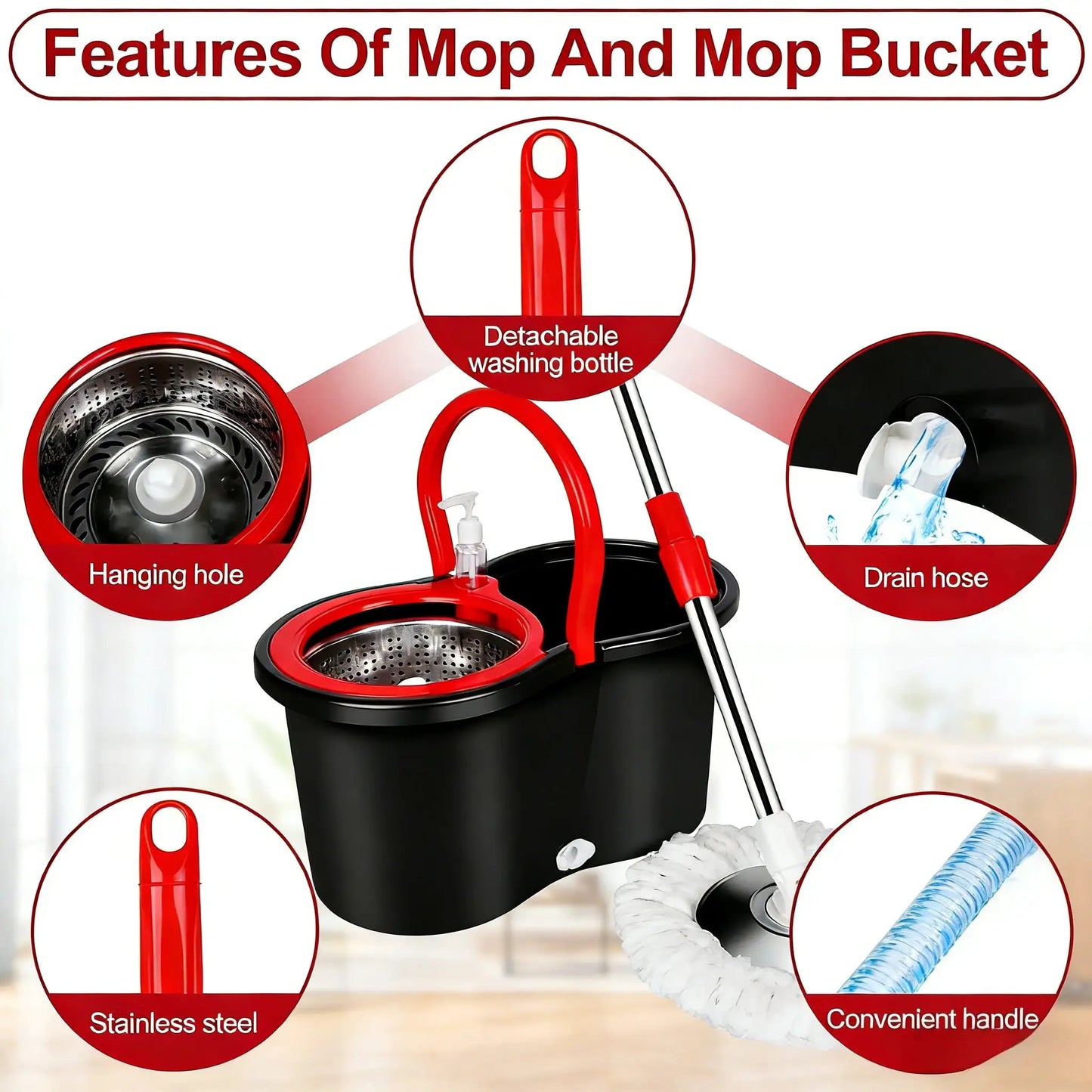 360° Spin Mop and Bucket Set, Self Wringing Floor Cleaning System with 3 Refill Heads, Adjustable Handle for Home Hard Floors from PriceLows™