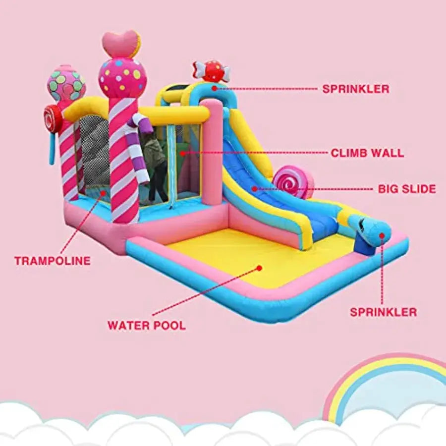 Inflatable Bounce House with Blower Water Slide Bouncy Castle Jumping Playhouse Sprinker Water Cannon Climbing Wall Splash Pool from PriceLows™