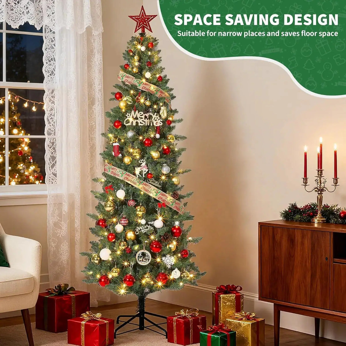 Artificial Pencil Tree | Pre Lit With 120 Warm Lights | 9 Height Levels | Up To 9 Feet