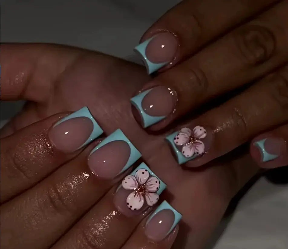 Press On Nails | Medium Square | Blush Pink Floral | 24 Pcs M Size