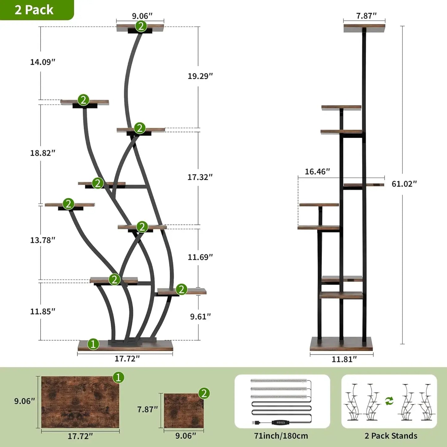 61" 9-Tier Plant Stand with Grow Lights, 2-Pack Corner Shelf for Indoor Plants, Tall Metal Flower Holder for Living Room, Black from PriceLows™