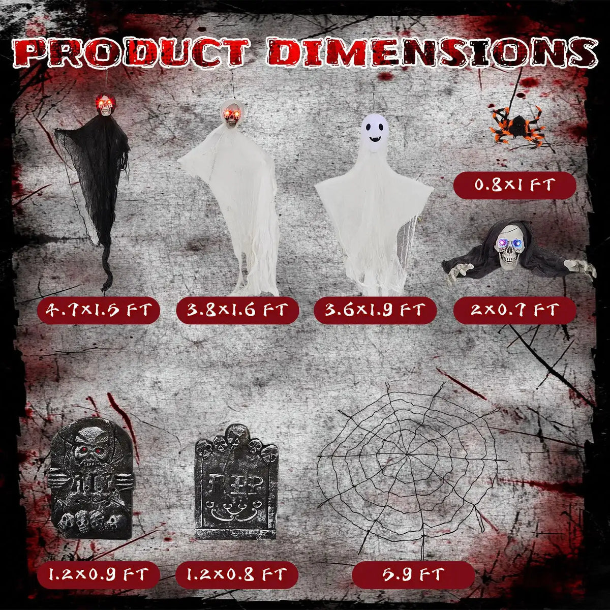 Outdoor Halloween Decor Set | 3 Hanging Ghosts | Plastic Gravestone | 8 Piece