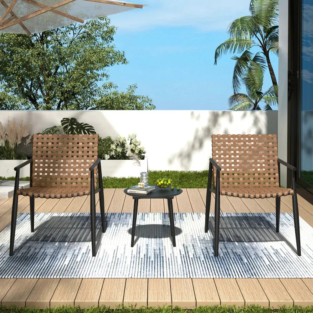 PE Rattan Outdoor Chat Set 2 Chairs, Black Steel & Glass Side Table, Modern Durable Patio Furniture for Garden Balcony Yard from PriceLows™