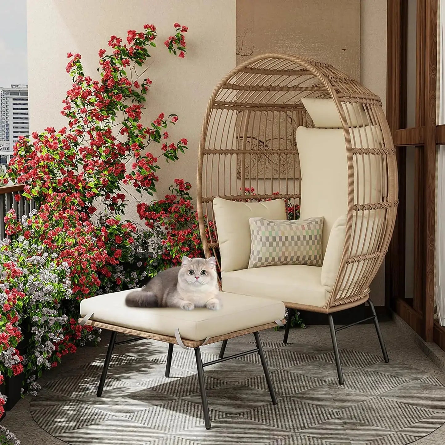 Wicker Egg Chair with Ottoman, Waterproof UV Resistant Patio Lounge Chair with Cushions, Accent Furniture for Garden, Balcony from PriceLows™