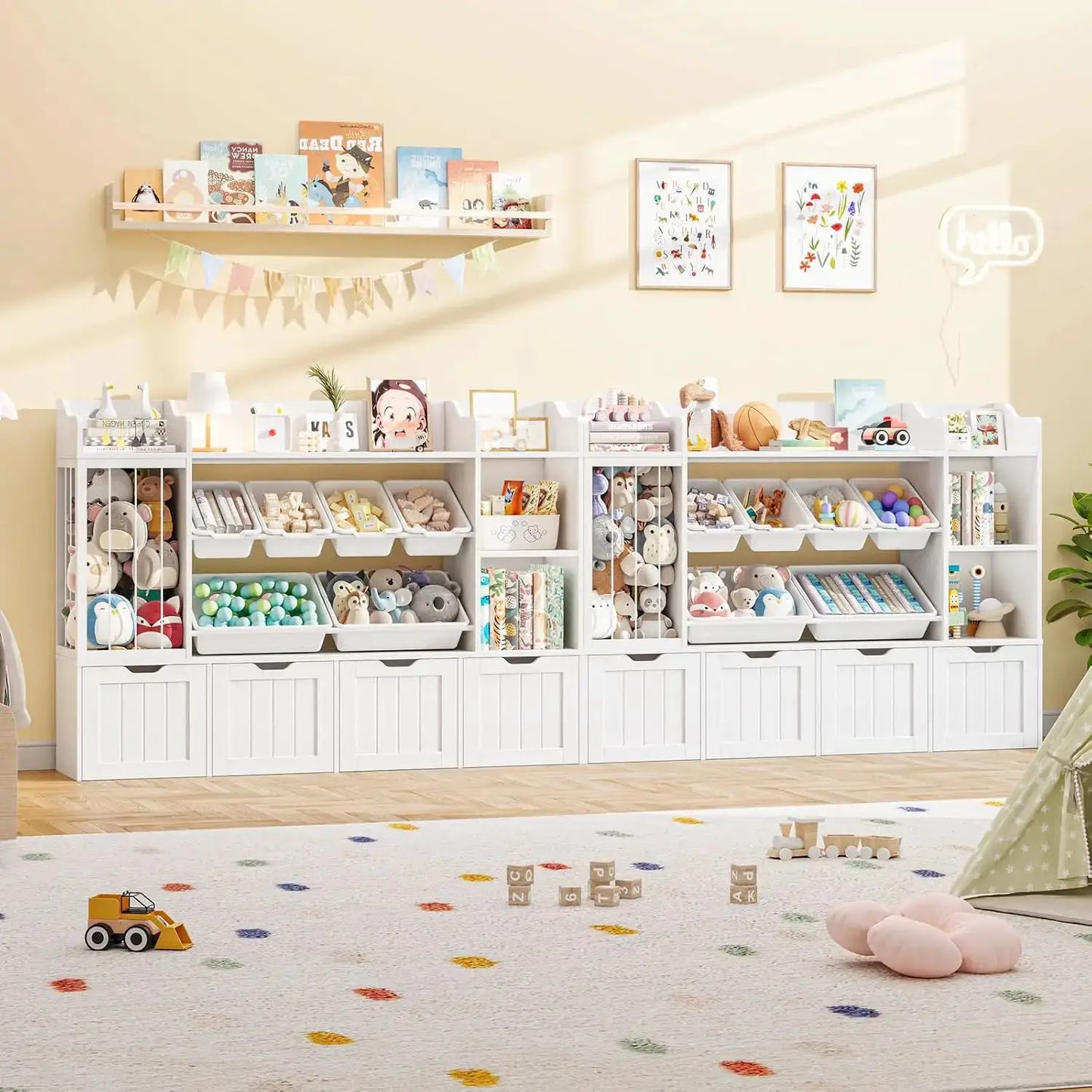 Kids Toy Organizer with 3 Movable Drawers, Multi-Functional Storage Cabinet Bookcase with 6 Toy Bins for Room, White from PriceLows™